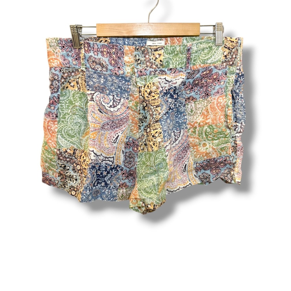 Rachel Zoe 100% Linen Shorts Womens XL Patchwork Paisley High Rise Boho Multi